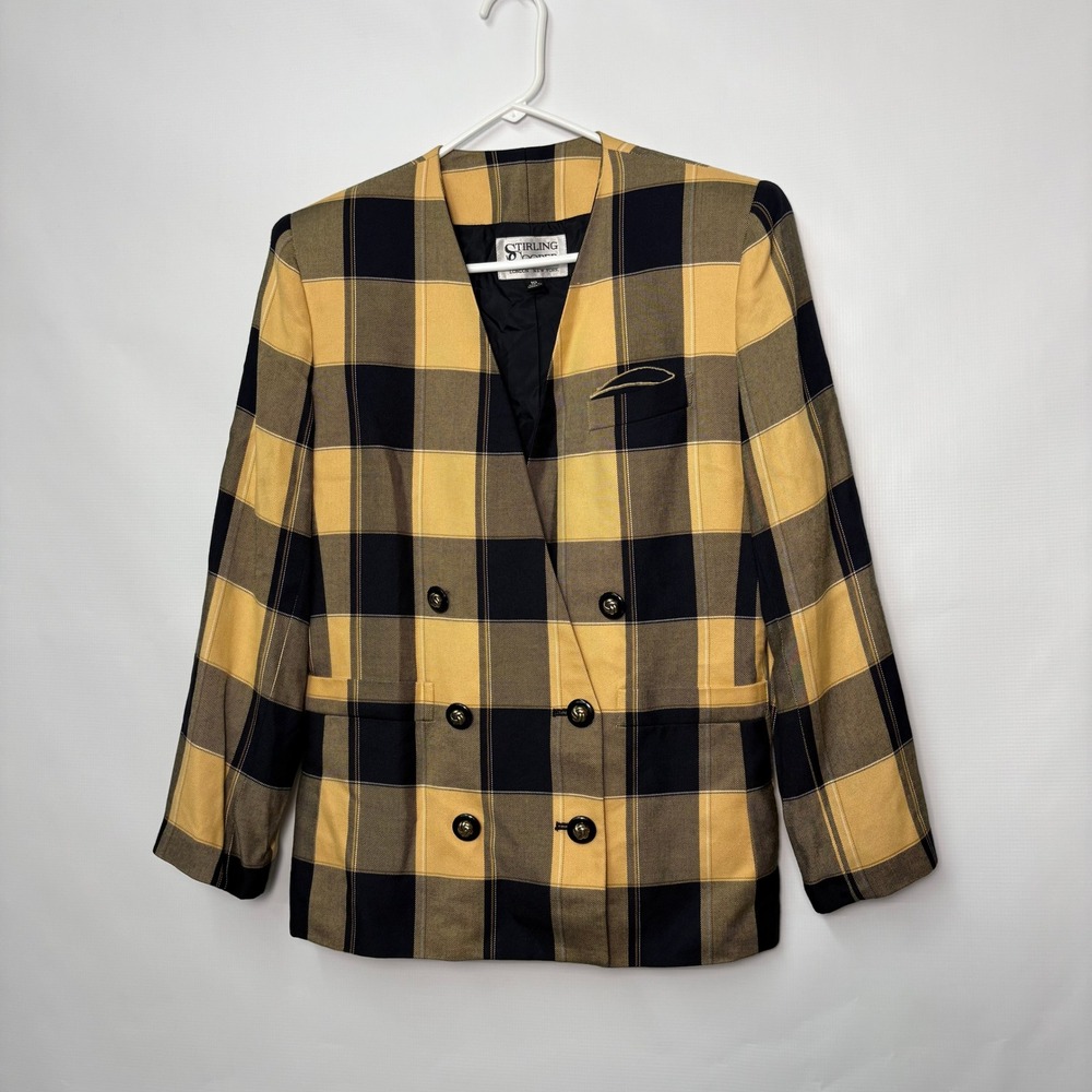 Stirling Cooper Vintage 90s Plaid Double Breasted Blazer Yellow Black Size 10